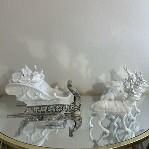 Dept 56 Winter Silhouette Santa's Sleigh+4 Reindeer, White Porcelain/Metal Base